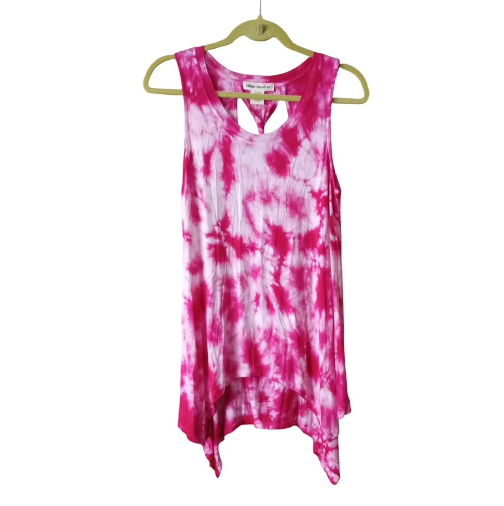 Indigo Threads Boho Hippie Tie Dye Stretch Sharkbite Hem Tank Medium Pink White